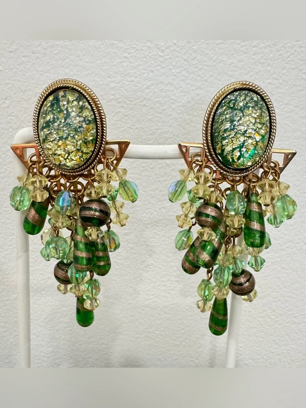 Bohemian Gold Foil Green Cabochon Beaded Chandelier AB Crystal Clip Earrings